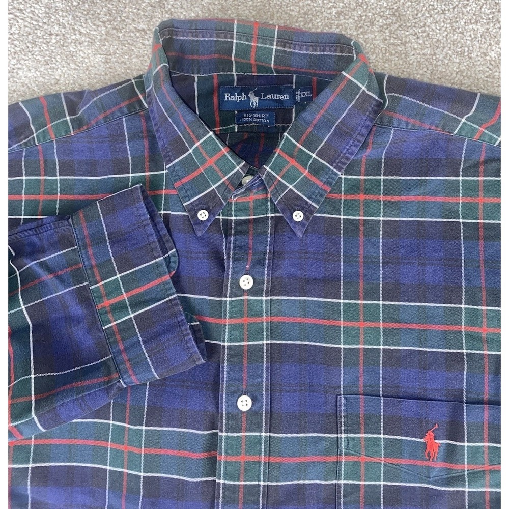 Polo Ralph Lauren Big Shirt Flannel Blue/Red/Green‎ Plaid Men 2X (2XLT) Red Pony